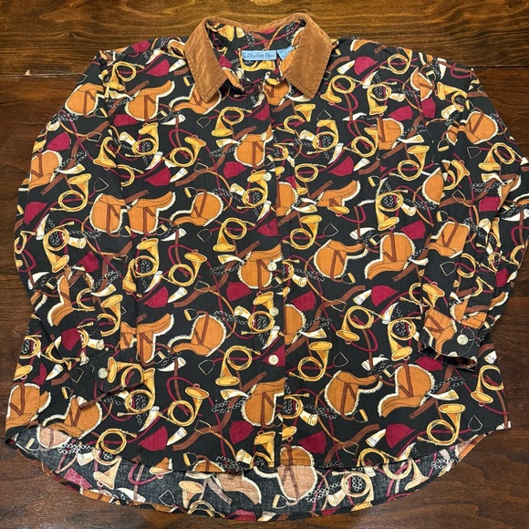 Vtg 90s Rhythm Blue Equestrian Shirt Fx Velvet Collar Horse Saddle Horn Print XL - Picture 2 of 15